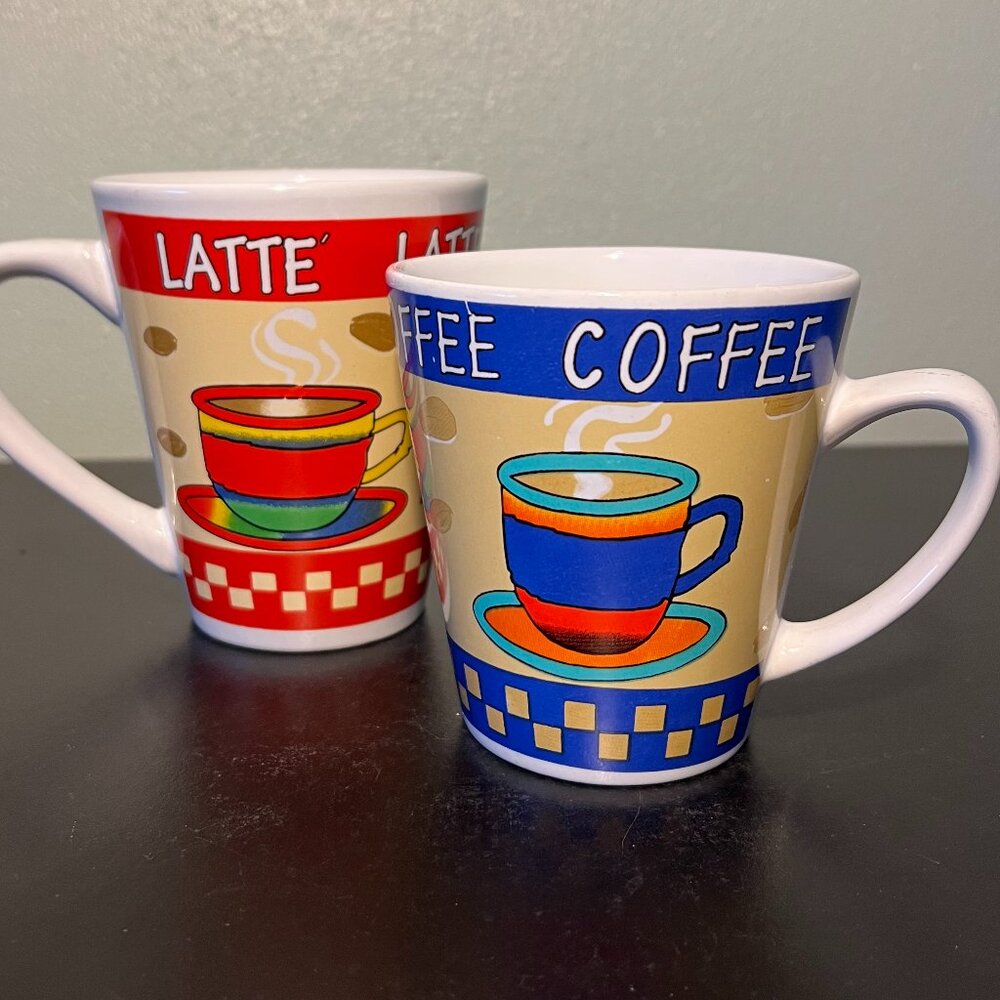 Cafe Latte Coffee Ceramic Cups Mugs Neon Boho Colorful Set of 2 Retro 14 oz